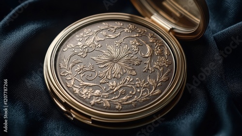 Intricate bronze ornament rests on silky blue fabric showcasing detailed designs
