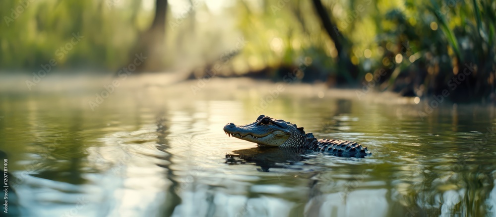 Serene freshwater alligator emerging from tranquil waters surrounded by lush greenery and soft sunlight with ample copy space for text Serene freshwater alligator emerging from tranquil waters surrounded by lush greenery and soft sunlight with ample copy space for text