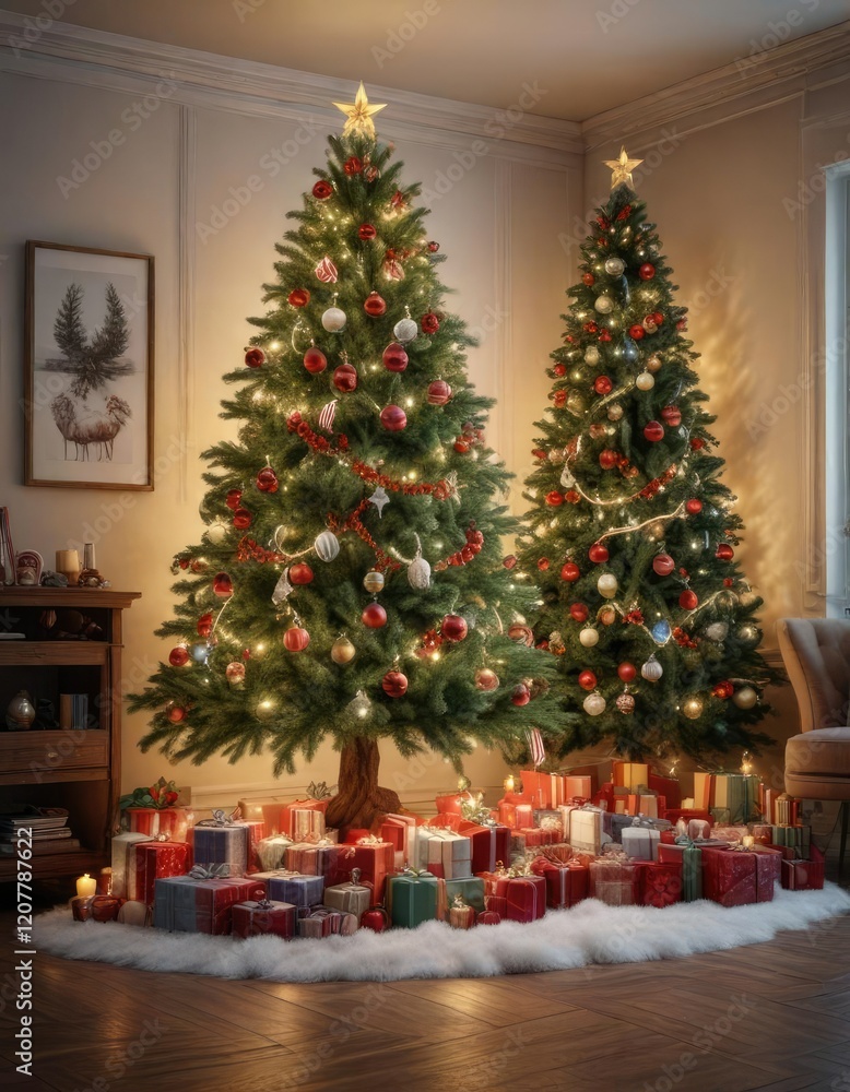 Christmas tree decorated with ornaments and garlands in a cozy room, warm lighting, cozy room, christmas tree Christmas tree decorated with ornaments and garlands in a cozy room, warm lighting, cozy room, christmas tree