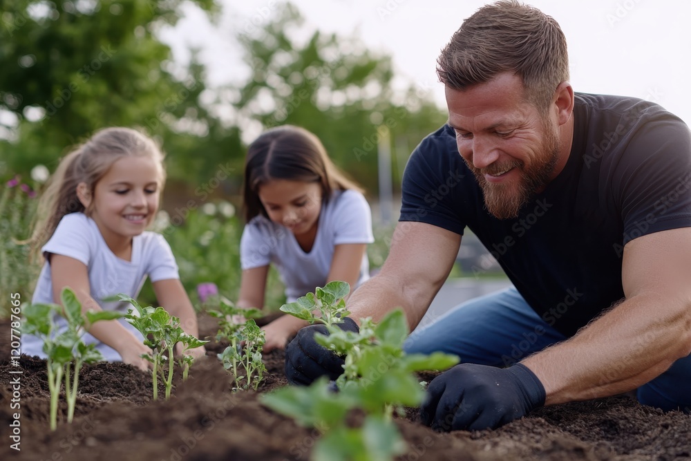 custom made wallpaper toronto digitalA joyful moment captured of a father gardening with his daughters, sharing smiles and laughter while planting vegetable seedlings together in the rich, dark soil.