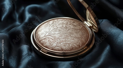Intricate bronze ornament rests on silky blue fabric showcasing detailed designs
