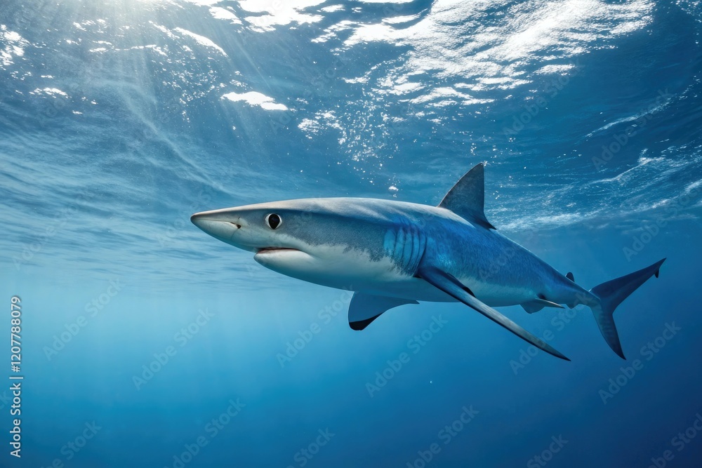 Obraz premium Blue shark swimming near the surface, prionace glauca, underwater scene, atlantic ocean, blue shark, aquatic life