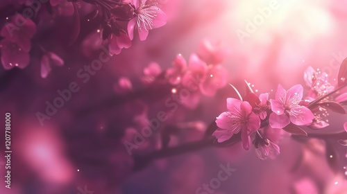 Pink cherry blossom flowers with soft sunlight background and bokeh effect suitable for nature and seasonal themes Copy Space photo