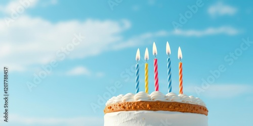 Classic birthday cake with simple yet colorful candles against a calm and serene blue sky background, peaceful, traditional, natural