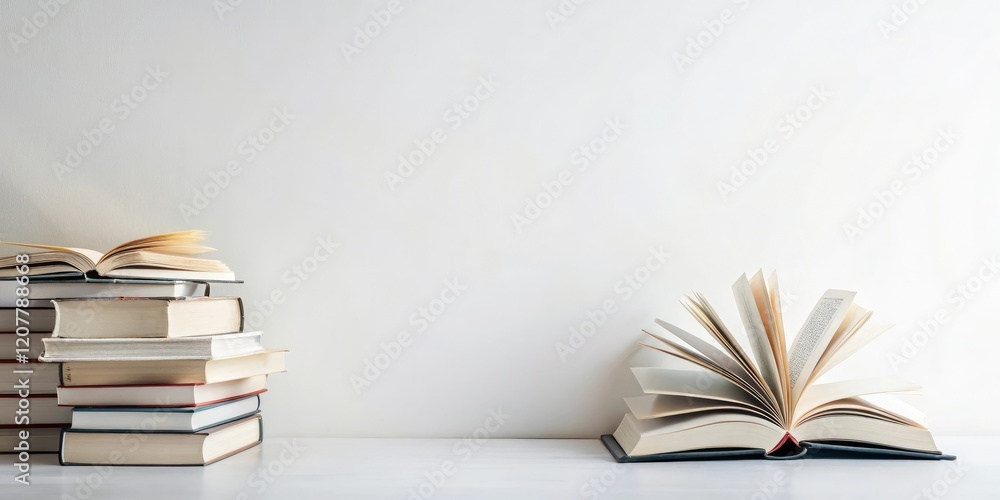 Clean white background with scattered books and reading materials, literature, reading Clean white background with scattered books and reading materials, literature, reading