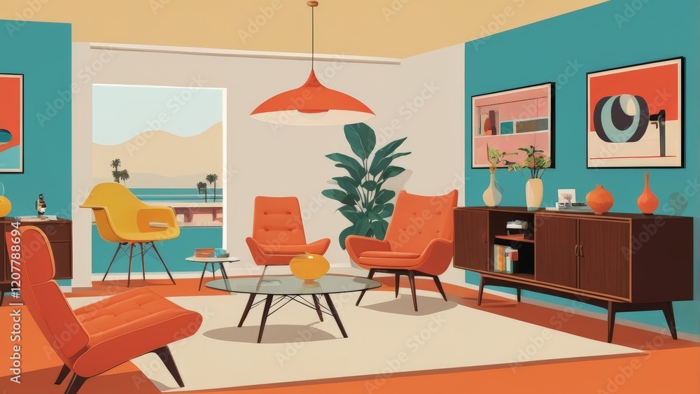 Fototapeta premium Retro 1960s interior design poster with iconic mid-century furniture and decor