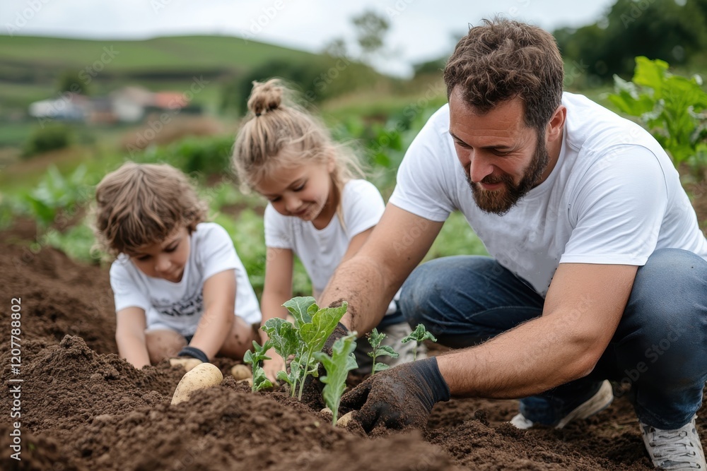 A father and two children actively engage in gardening, planting vegetables in rich soil, showcasing family bonding and the joy of outdoor activities. A father and two children actively engage in gardening, planting vegetables in rich soil, showcasing family bonding and the joy of outdoor activities.