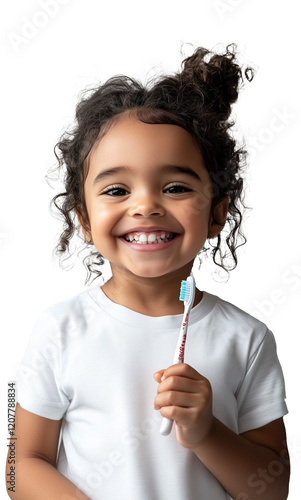 Close-up of a smiling 5-year-old girl holding a toothbrush. Concept of oral hygiene.