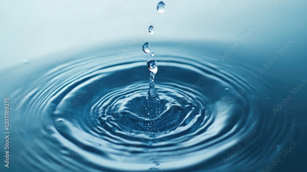 Water droplet creating ripples in calm blue water surface with Copy Space for text placement Water droplet creating ripples in calm blue water surface with Copy Space for text placement