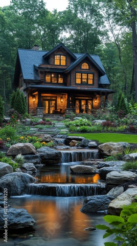 Cozy wooden house surrounded by lush greenery and serene water features at dusk
