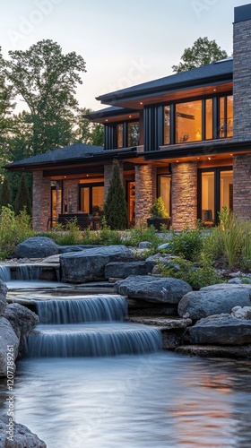 Cozy wooden house surrounded by lush greenery and serene water features at dusk