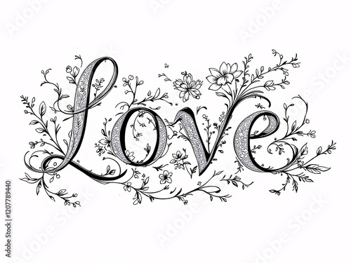 LOVE, word, letters, floral, patterns