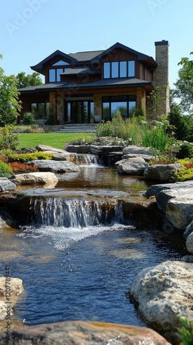 Cozy wooden house surrounded by lush greenery and serene water features at dusk