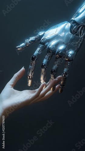Human and robotic hand reaching out in a moment of connection