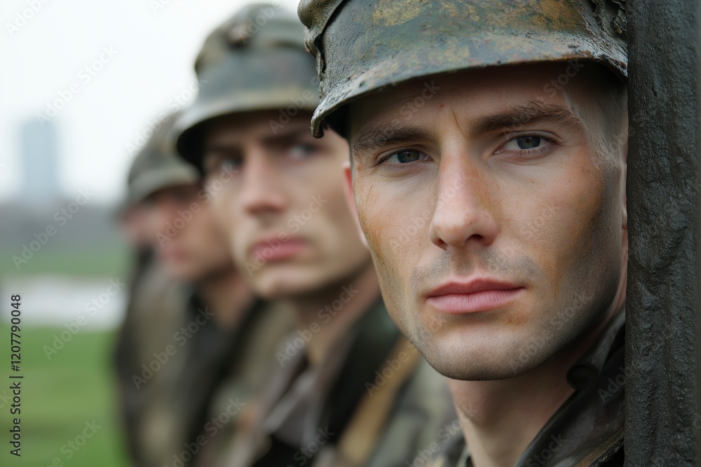 Focused Soldier in Military Uniform Amidst Formation on a Gloomy Day in Nature Focused Soldier in Military Uniform Amidst Formation on a Gloomy Day in Nature