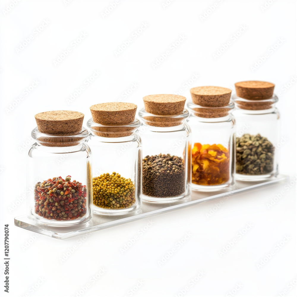 clear acrylic spice rack organizer with six glass jars filled with various spices. jars feature cork lids, adding natural touch to kitchen storage clear acrylic spice rack organizer with six glass jars filled with various spices. jars feature cork lids, adding natural touch to kitchen storage