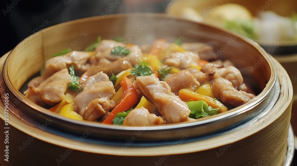Freshly Steamed Chicken with Vibrant Bell Peppers and Greens in Elegant Wooden Steamer at Hotel Kitchen with Warm Lighting and Empty Text Space Freshly Steamed Chicken with Vibrant Bell Peppers and Greens in Elegant Wooden Steamer at Hotel Kitchen with Warm Lighting and Empty Text Space
