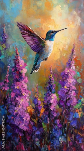 Vibrant hummingbird feeding on colorful flowers in a lush garden at dawn