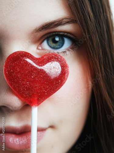 Close up portrait of a happy young woman with a red valentine love heart lollipop