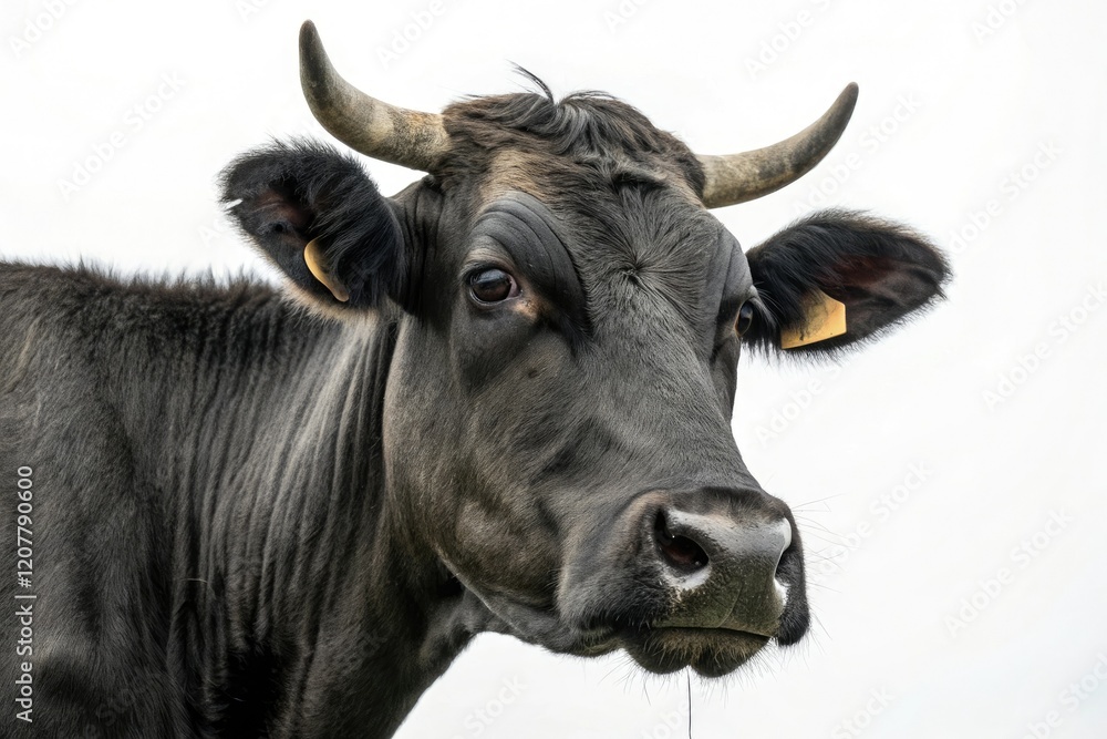 Close-up of black Angus cow's face with a calm expression showcasing its distinctive horn shape and coat pattern, bovine, horned cattle Close-up of black Angus cow's face with a calm expression showcasing its distinctive horn shape and coat pattern, bovine, horned cattle