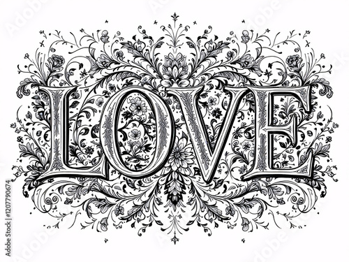 LOVE, word, letters, floral, patterns