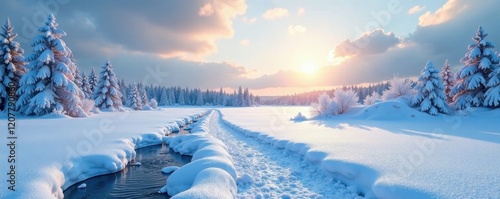 Frozen landscape, glistening snow under winter sky, frozen, scene, atmosphere
