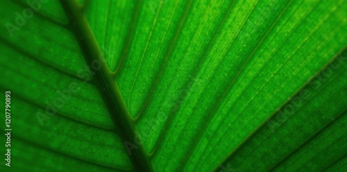 Intricate vein patterns on lush green palm leaf , high-resolution, detail