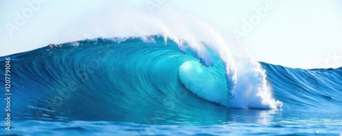Single, vibrant blue ocean wave, curling crest, isolated , ripple, surge