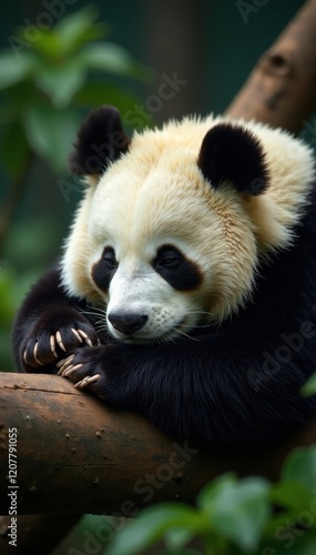 A giant panda napping, paws tucked under, serene expression , adorable, rest