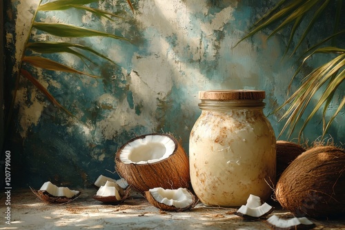 Coconut oil and fresh coconuts on a rustic wooden table with natural light