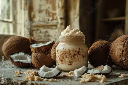 Coconut oil and fresh coconuts on a rustic wooden table with natural light