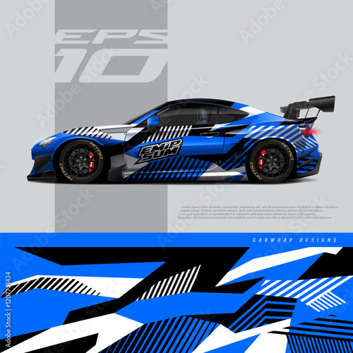 Car wrap decal graphic design. Abstract stripe racing background designs for wrap cargo van, race car, pickup truck, adventure vehicle. Eps 10