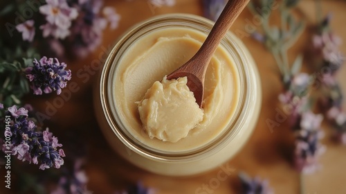Homemade nut butter in a glass jar with a wooden spoon on a marble countertop