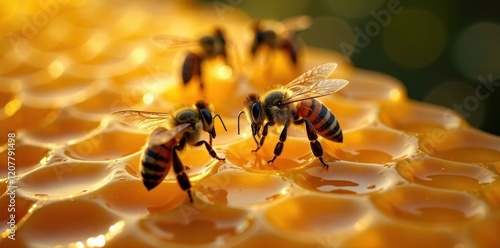 Honeybees meticulously crafting honey cells, golden honey glistening, rural, spring