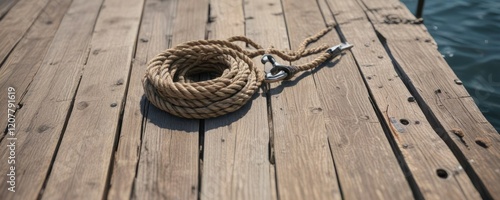 Braided nautical rope wrapped around wooden dock moorings with metal clip, metal clip, nautical photo