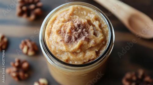 Homemade nut butter in a glass jar with a wooden spoon on a marble countertop