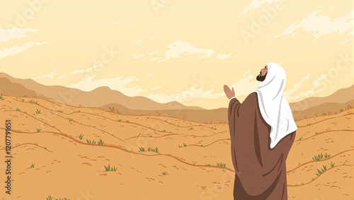 Serene vision of Prophet Ibrahim praying in desert mountains in background photo