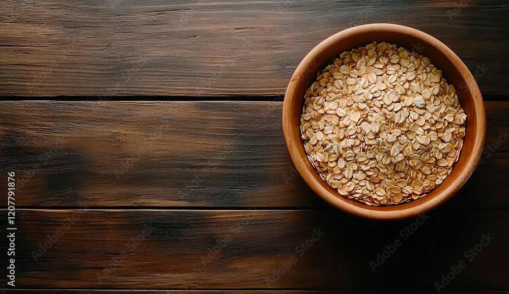 Oatmeal in a bowl on a wooden background with a wheat sheaf and space for text Oatmeal in a bowl on a wooden background with a wheat sheaf and space for text