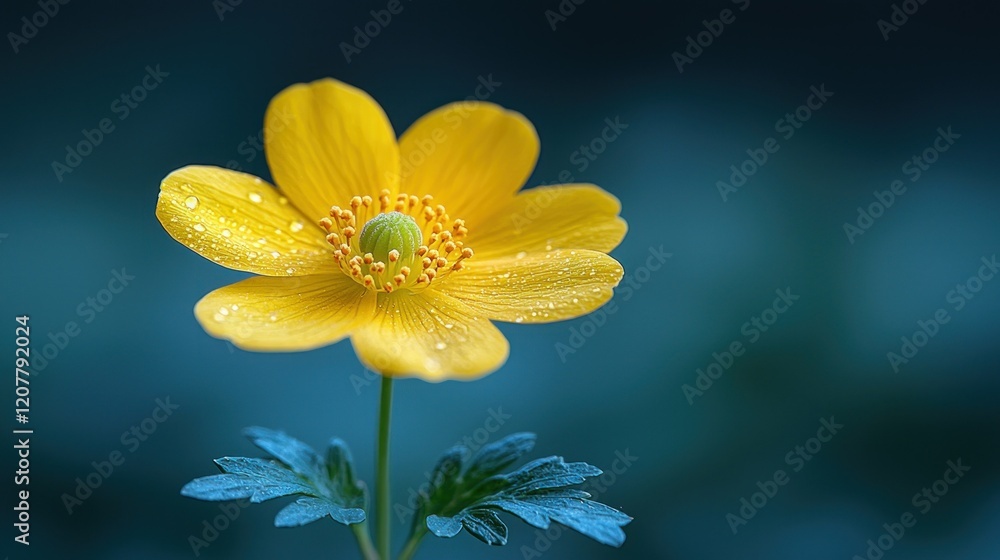 Fototapeta premium A Single Yellow Flower with Dew Drops