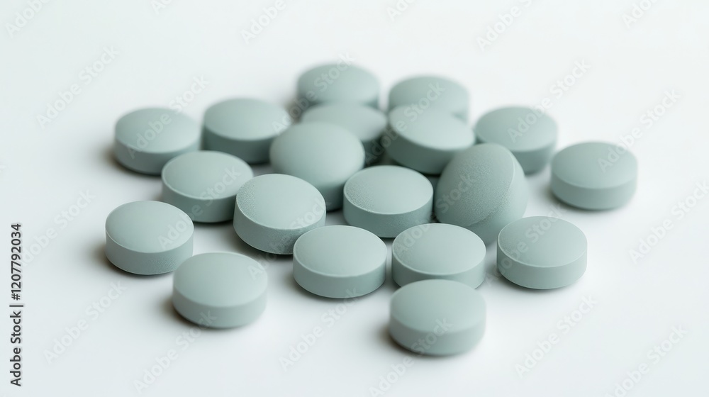 Green round tablets on a light background with Copy Space for text placement. Green round tablets on a light background with Copy Space for text placement.