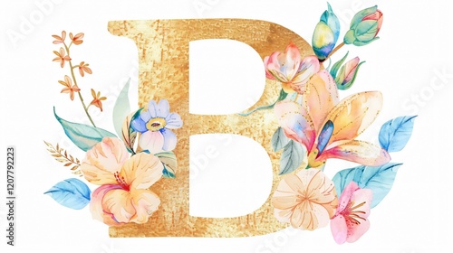 Elegant Gold Letter B with Watercolor Flowers and Leaves Design