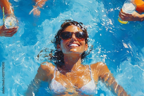 Young women enjoying a vibrant pool party on a sunny day with laughter and sm...