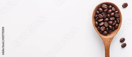 Freshly Roasted Dark Brown Coffee Beans in a Wooden Spoon on White Background with Empty Space for Text and Decorative Coffee Beans