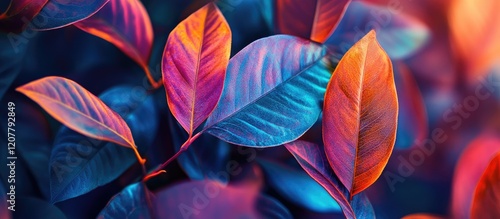 Colorful tropical leaves with vibrant hues and textures on a dark background featuring Copy Space for text placement photo