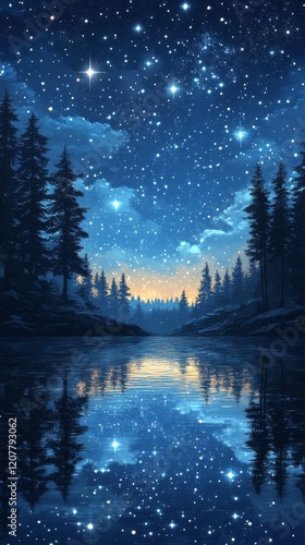 Tranquil lakeside view under a starry sky during twilight hours