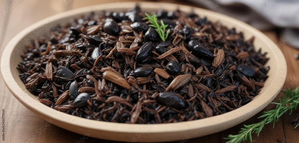 Close-up of wild rice and black garlic with fresh thyme and rosemary, dinner, plant-based, aromatic, seasonings Close-up of wild rice and black garlic with fresh thyme and rosemary, dinner, plant-based, aromatic, seasonings