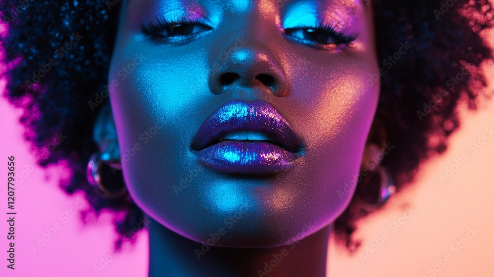 Obraz premium In a studio beauty photography session, a close-up captures metallic lipstick on lips, complemented by a vibrant purple and teal background, enhanced with a neon light effect and glossy pink lip