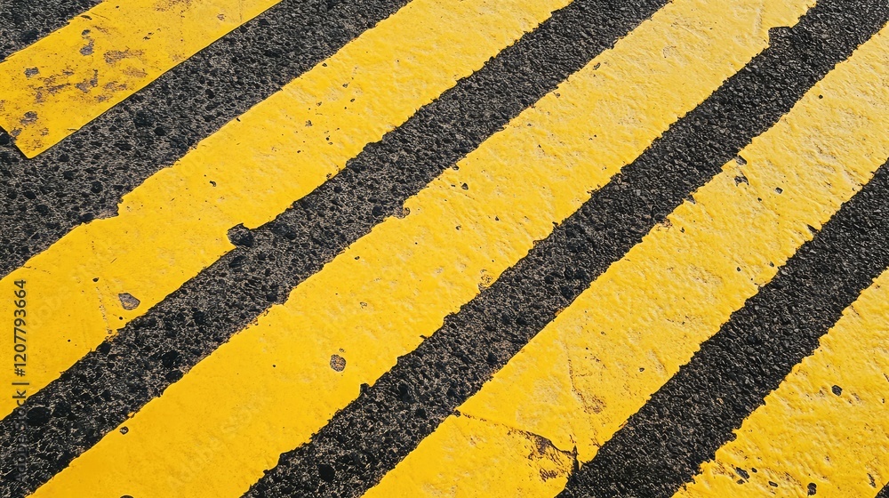 Fototapeta premium Close-up of weathered yellow pedestrian crosswalk lines on asphalt surface with copy space for text placement