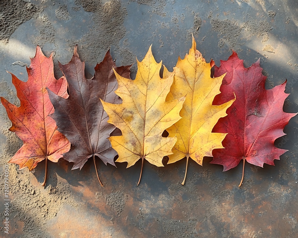 Still life of dried autumn maple leaves in red yellow and brown tones laid on a table with a shadow texture evoking the aesthetic of an old cosy fall afternoon Still life of dried autumn maple leaves in red yellow and brown tones laid on a table with a shadow texture evoking the aesthetic of an old cosy fall afternoon