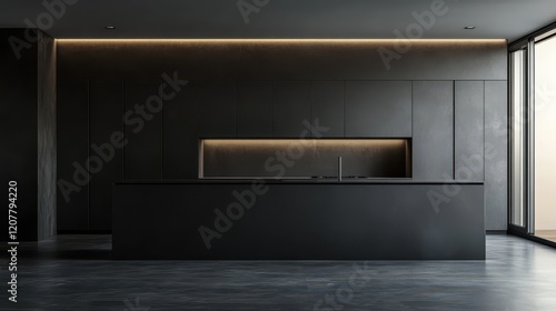 Wallpaper Mural A front view of a dark kitchen interior features a sleek, modern design with a prominent grey wall that stands empty, emphasizing a minimalist aesthetic. Torontodigital.ca